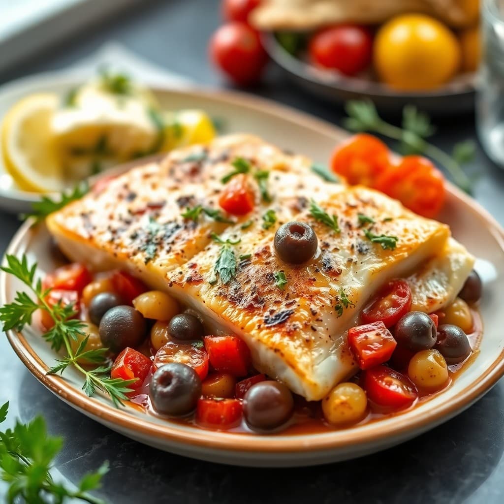 Zesty Mediterranean Halibut Bake