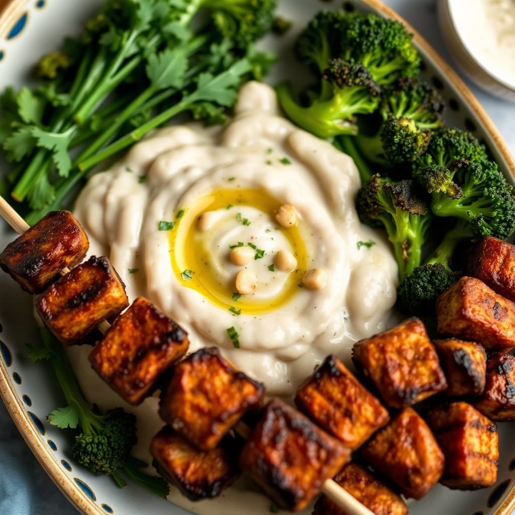 Portuguese White Bean & Crispy Tempeh Skewers with Charred Broccolini & Garlic Oil