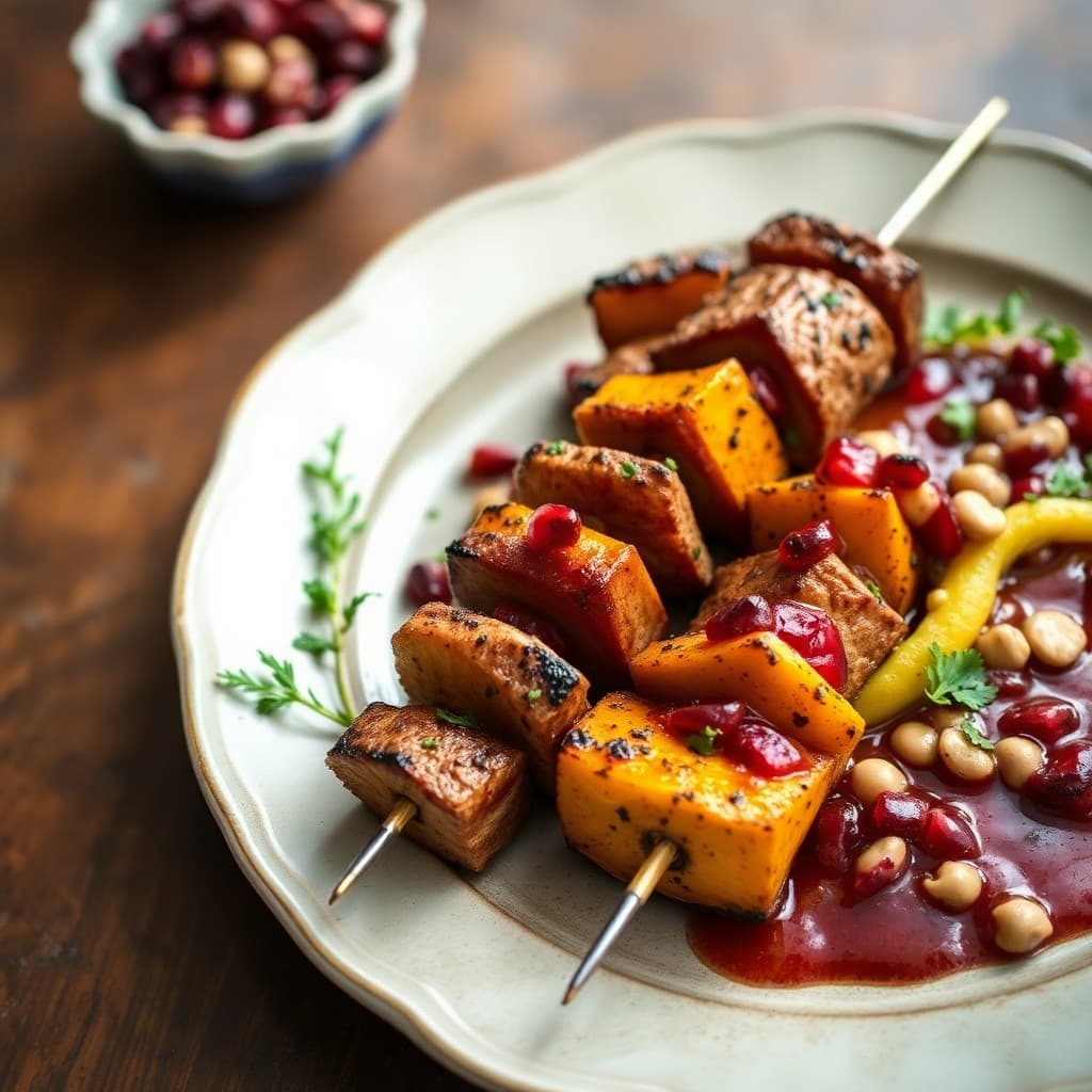 Moroccan-Spiced Grilled Bison Kebabs with Charred Delicata Squash & Pomegranate-Walnut Sauce