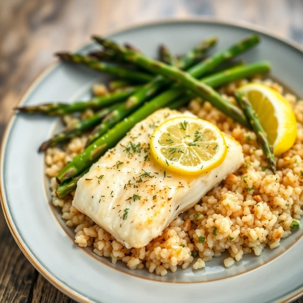 Lemon Garlic Baked Cod with Roasted Asparagus and Quinoa