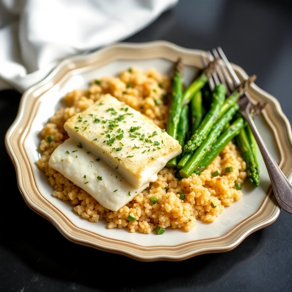 Garlic Herb Baked Cod with Roasted Asparagus and Quinoa