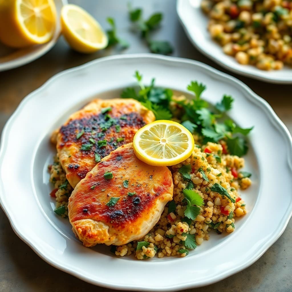 Lemon Herb Chicken Paillards with Quinoa Tabbouleh