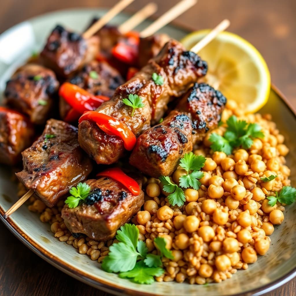 Grilled Spanish Lamb Skewers with Charred Romesco & Crispy Chickpea Farro