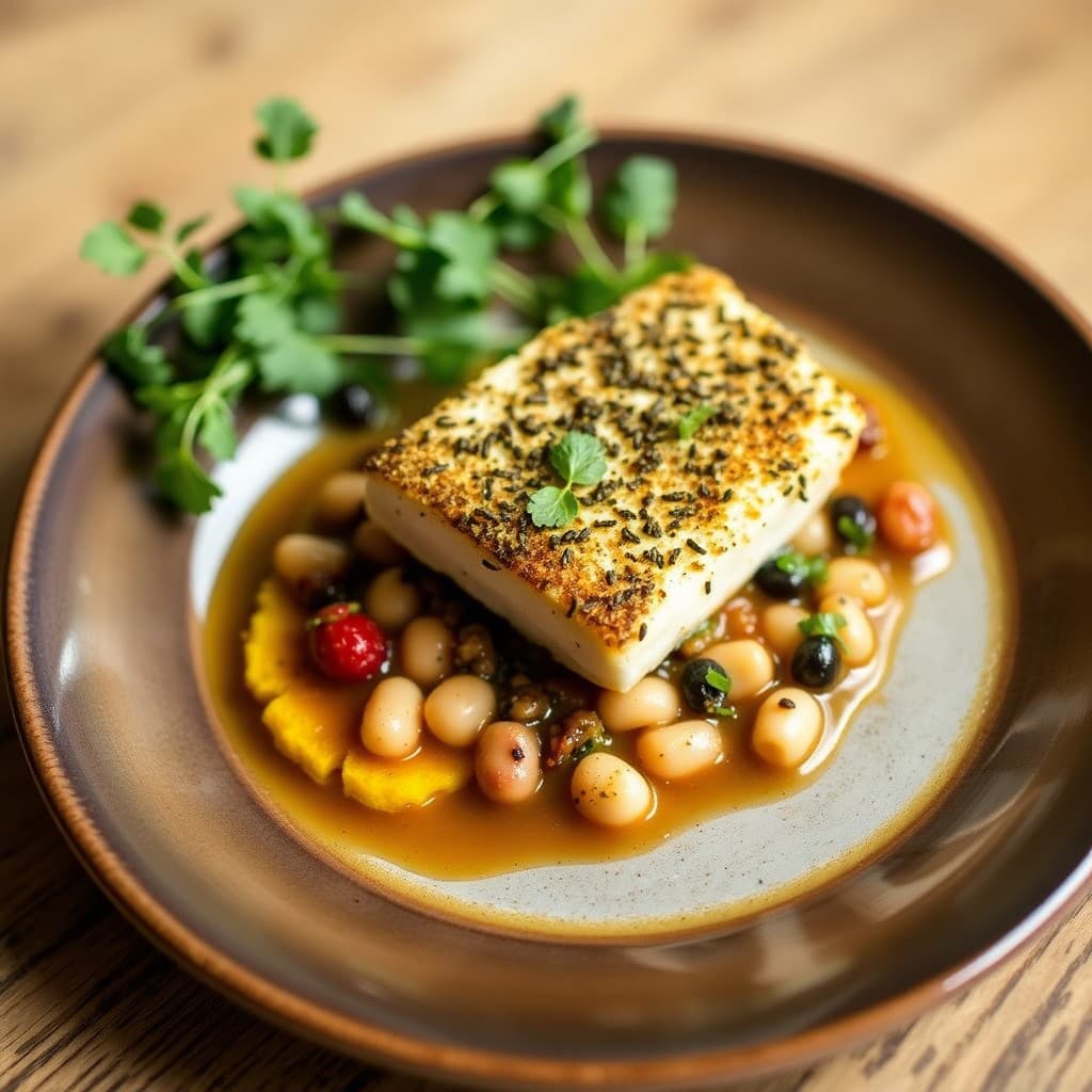 Herb-Crusted Sea Bass with White Bean & Tapenade Braise & Charred Polenta Cake