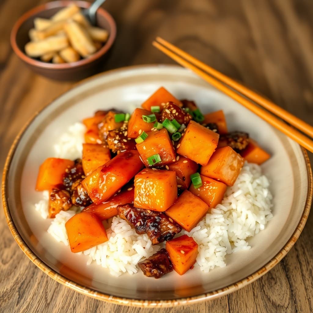 Korean Dakgalbi with Gochujang Glaze and Crispy Rice Cake
