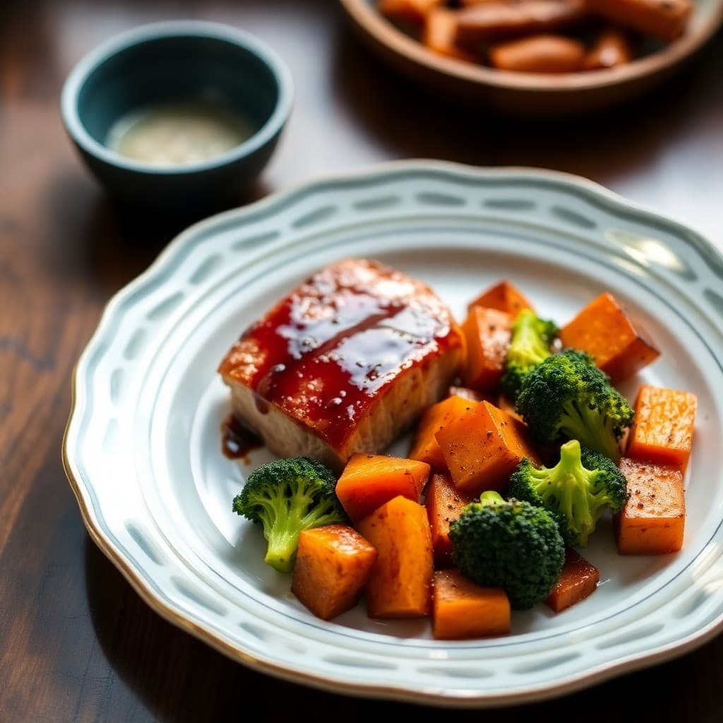 Teriyaki-Glazed Pork Tenderloin with Roasted Sweet Potato and Broccoli