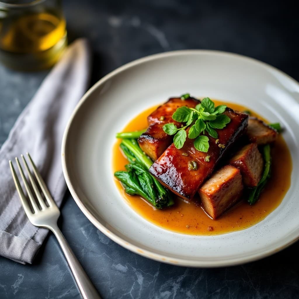 Thai Basil Pork Belly with Charred Bok Choy