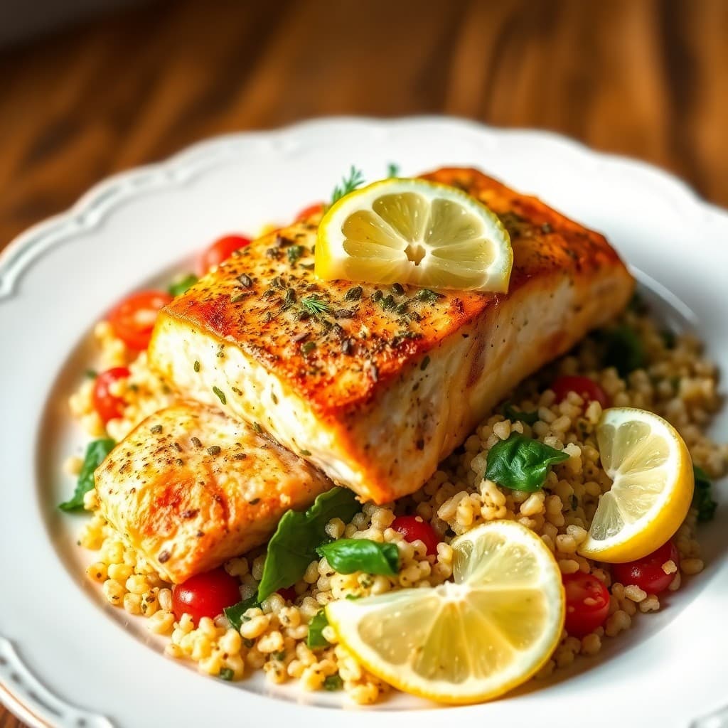 Lemon Herb Baked Salmon with Mediterranean Quinoa Salad