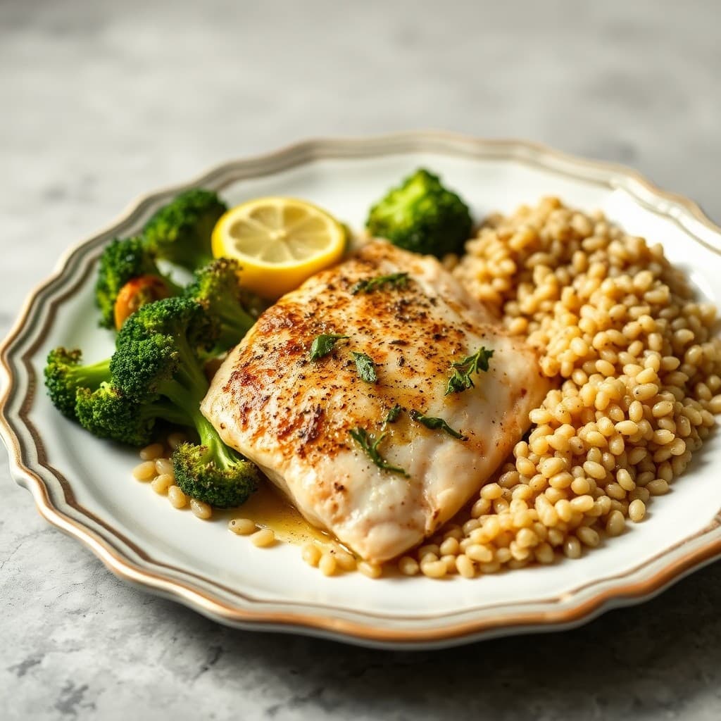 Garlic Herb Baked Tilapia with Roasted Broccoli and Farro