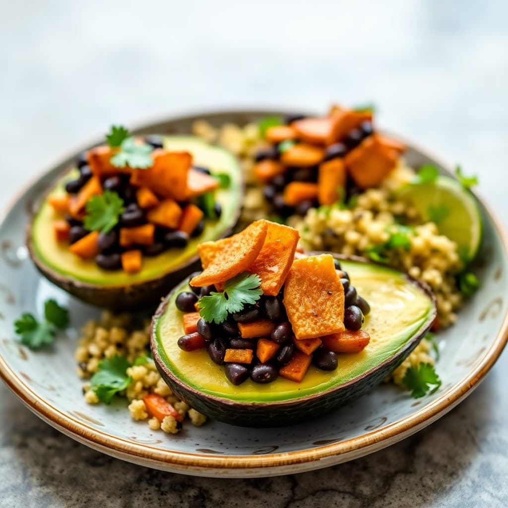 Colombian Black Bean & Plantain Stuffed Avocado with Cilantro-Lime Quinoa