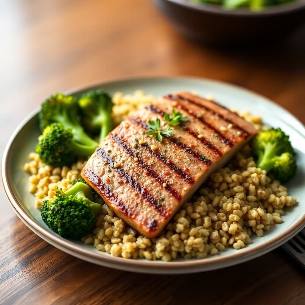 Seared Ginger Garlic Tuna Steak with Roasted Broccoli and Quinoa