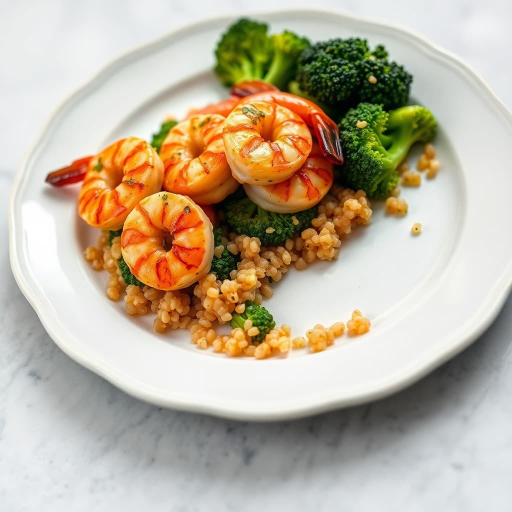 Seared Garlic Ginger Shrimp with Roasted Broccoli and Quinoa