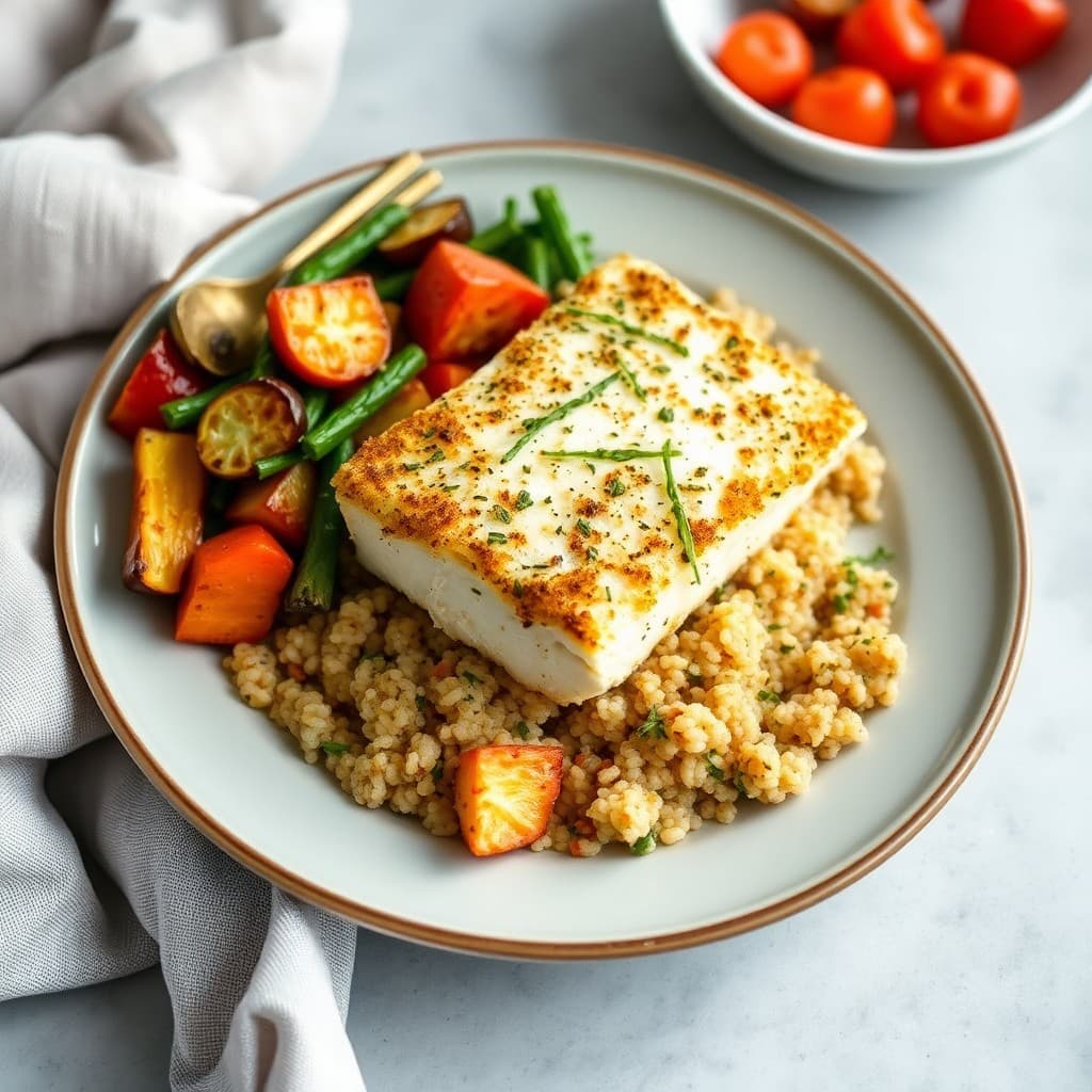Mediterranean Garlic Herb Cod with Quinoa and Roasted Vegetables