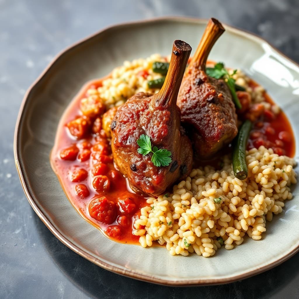 Turkish Braised Lamb Shank with Charred Okra & Herbed Barley Pilaf