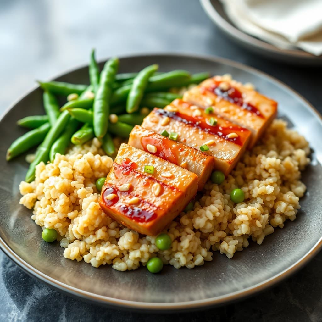 Seared Ginger-Sesame Tuna with Sautéed Edamame and Quinoa