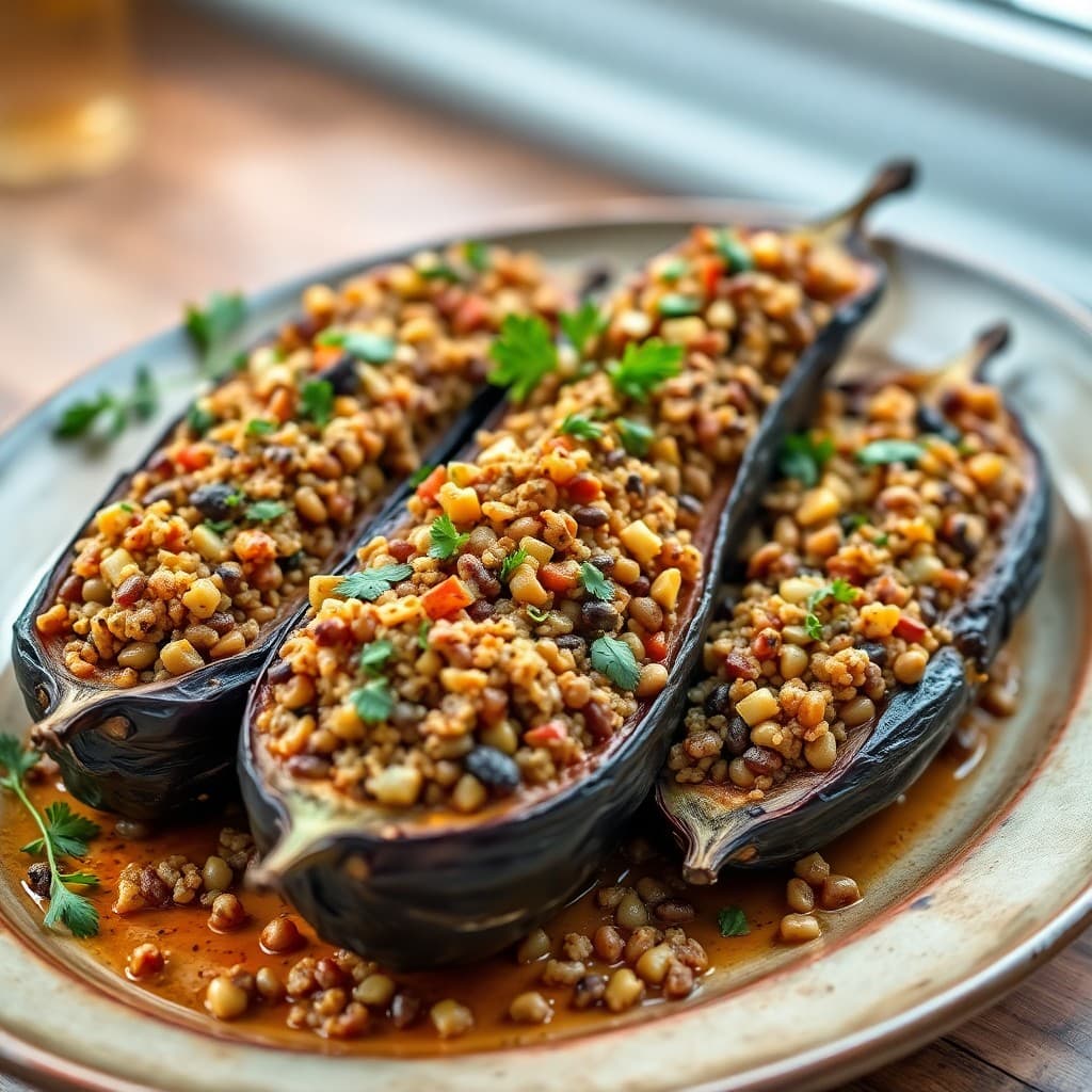 Mediterranean Lentil and Quinoa Stuffed Eggplant