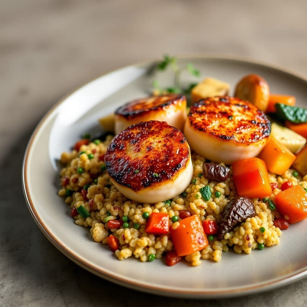 Seared Mediterranean Scallops with Lemon-Herb Quinoa and Roasted Vegetables