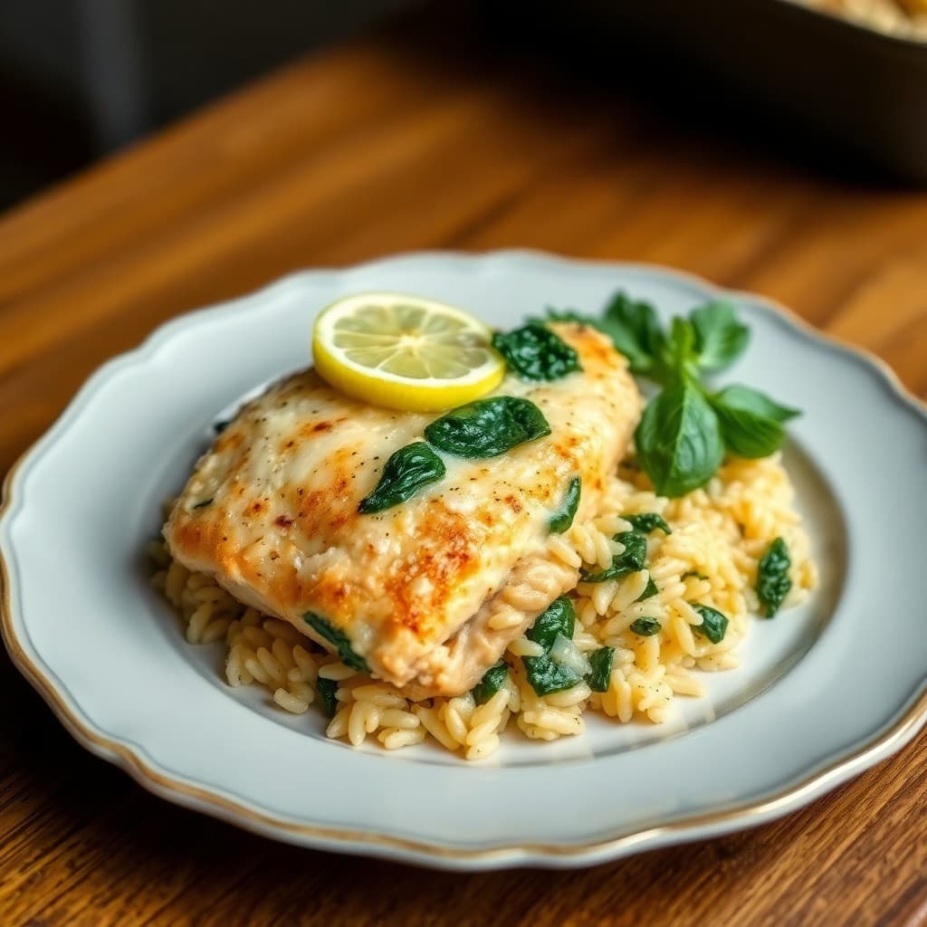 Lemon Garlic Chicken Orzo Bake