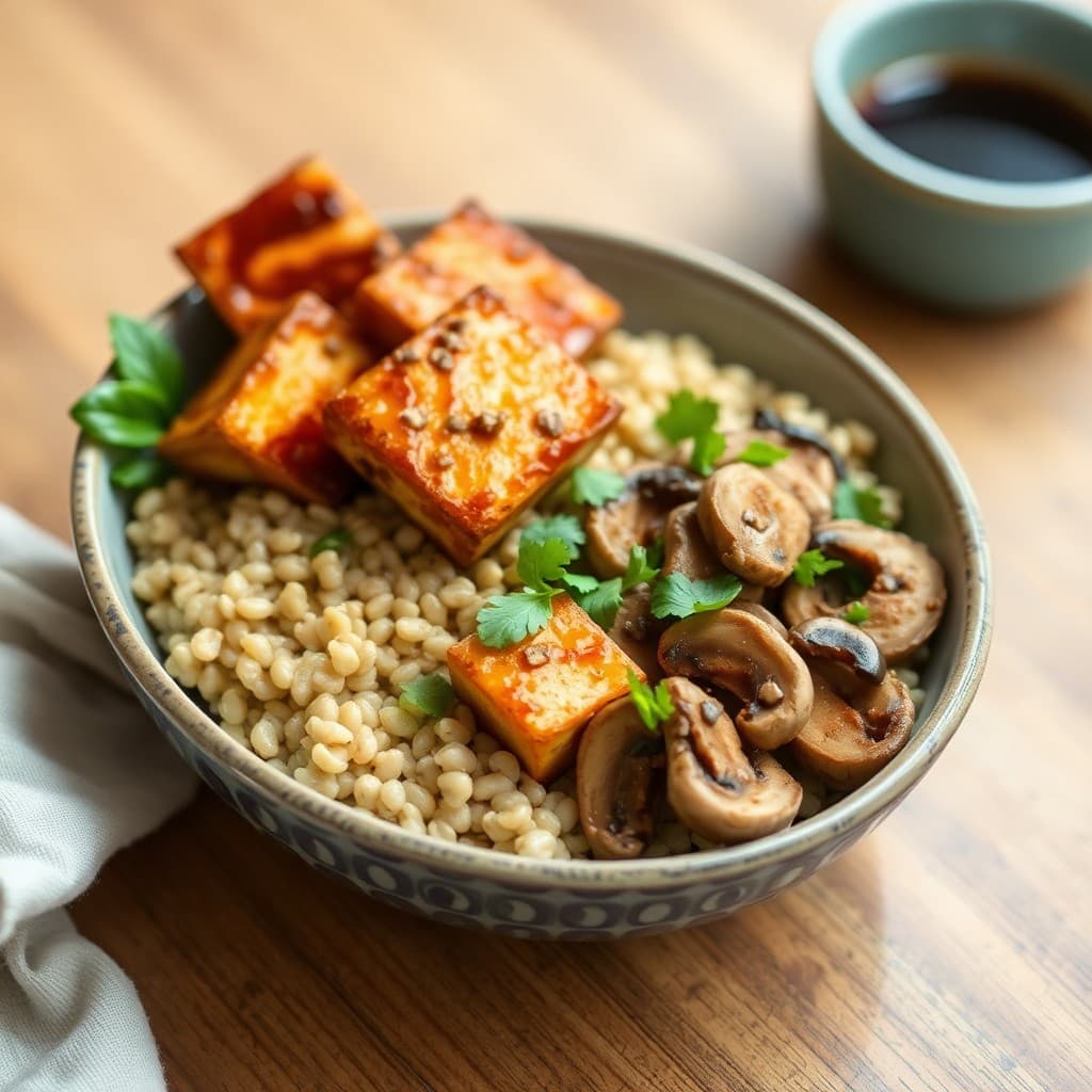 Japanese Miso-Glazed Tofu & Farro Breakfast Bowl with Sautéed Ginger Mushrooms
