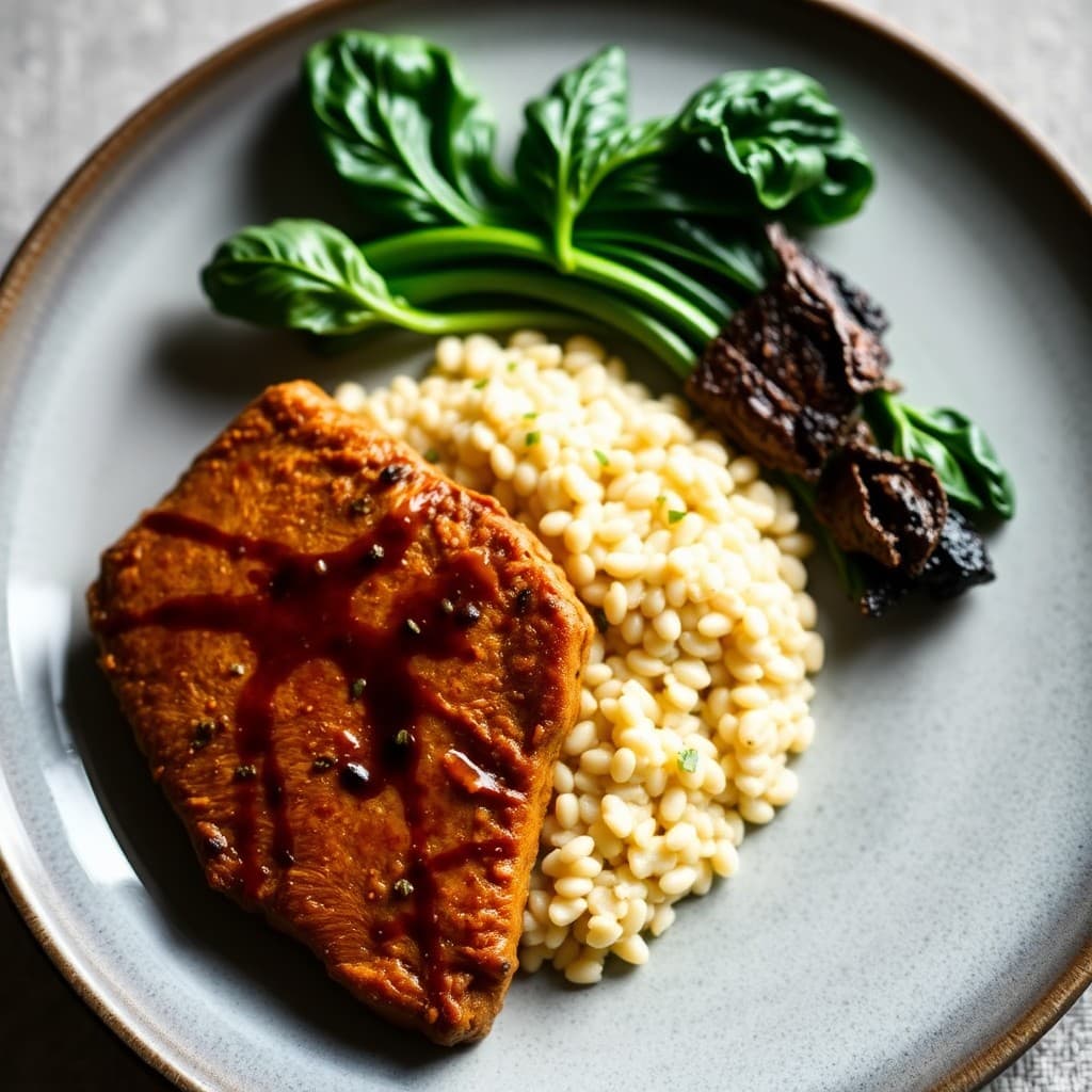 Japanese Miso-Glazed Seitan with Charred Bok Choy & Arborio Rice Risotto