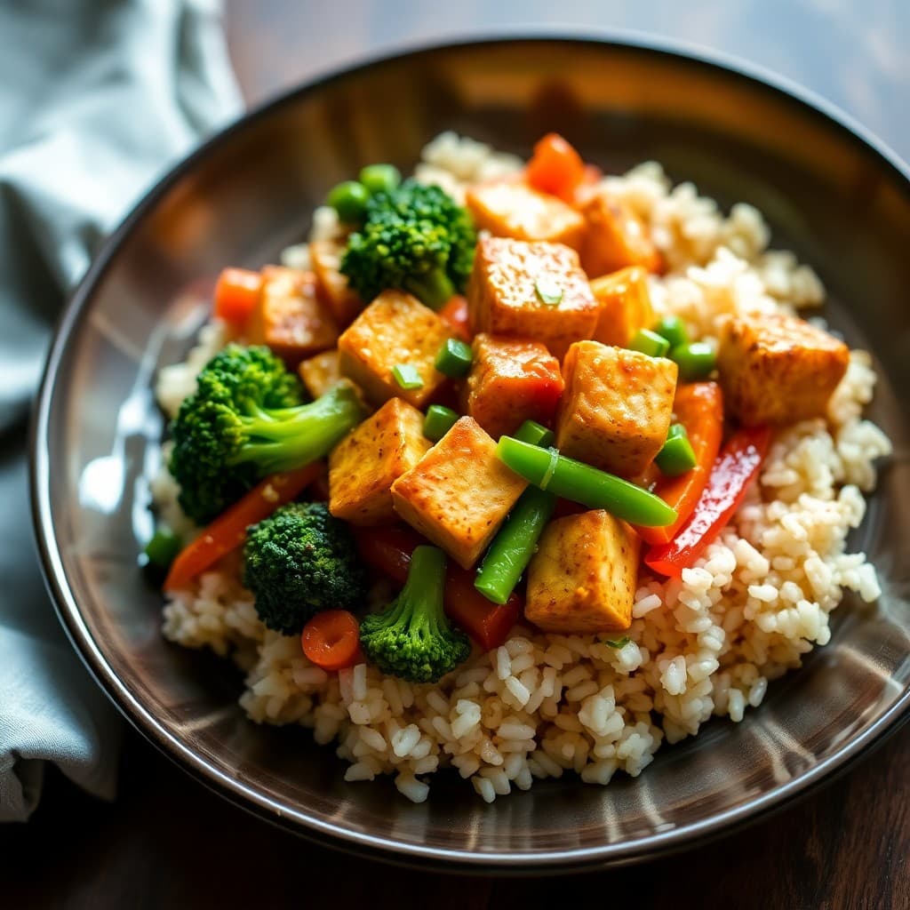 Crispy Tofu & Scallion Stir-Fry with Ginger-Garlic Sauce & Brown Rice