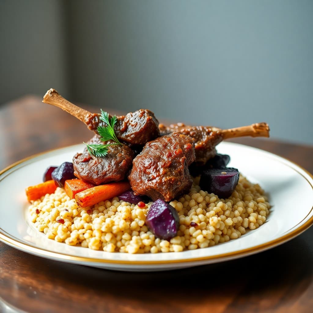 Turkish-Spiced Braised Lamb with Roasted Root Vegetables & Bulgur Pilaf