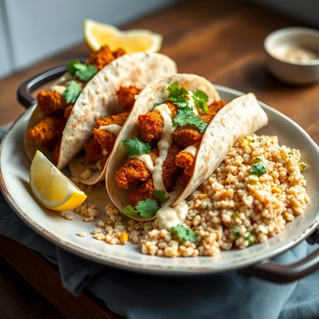 Crispy Seitan Shawarma Wraps with Tahini-Lemon Sauce and Herbed Farro