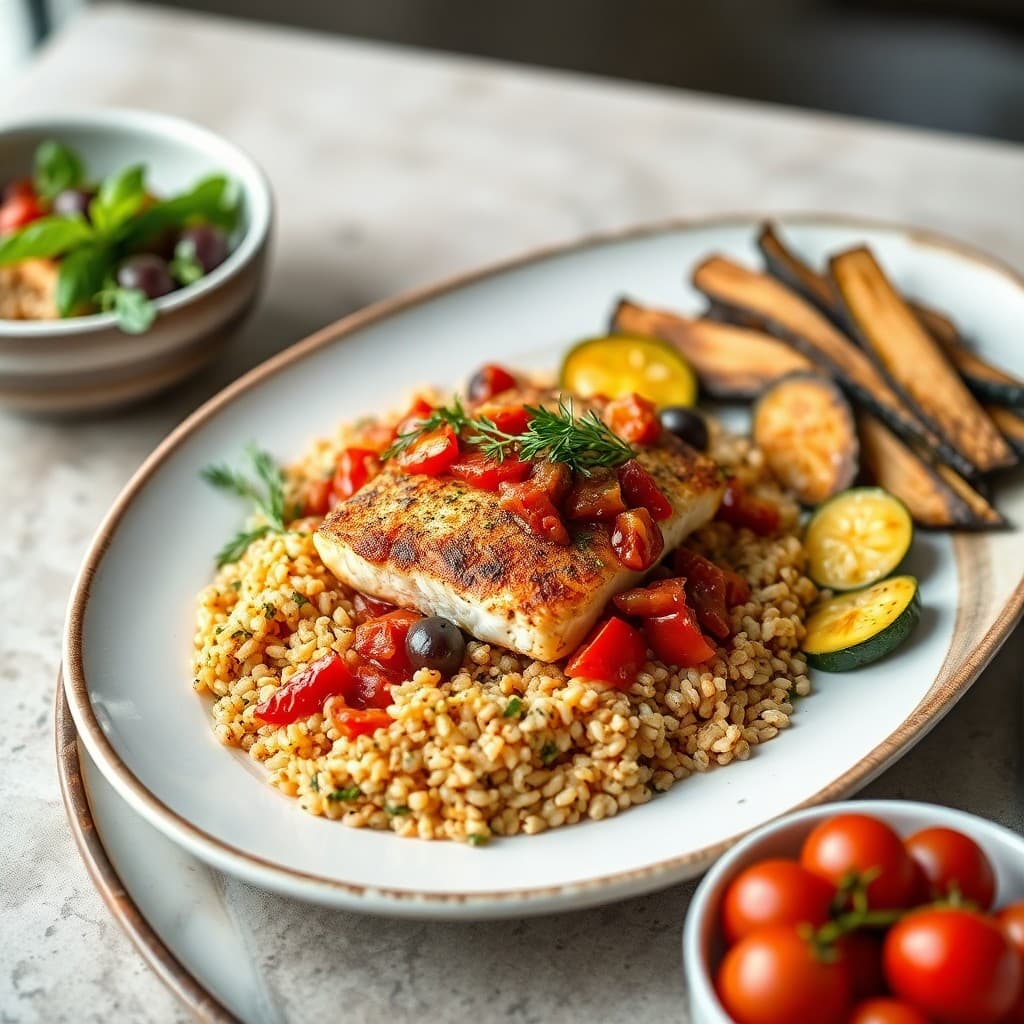 Turkish Roasted Sea Bass with Charred Tomato-Olive Compote & Herbed Farro