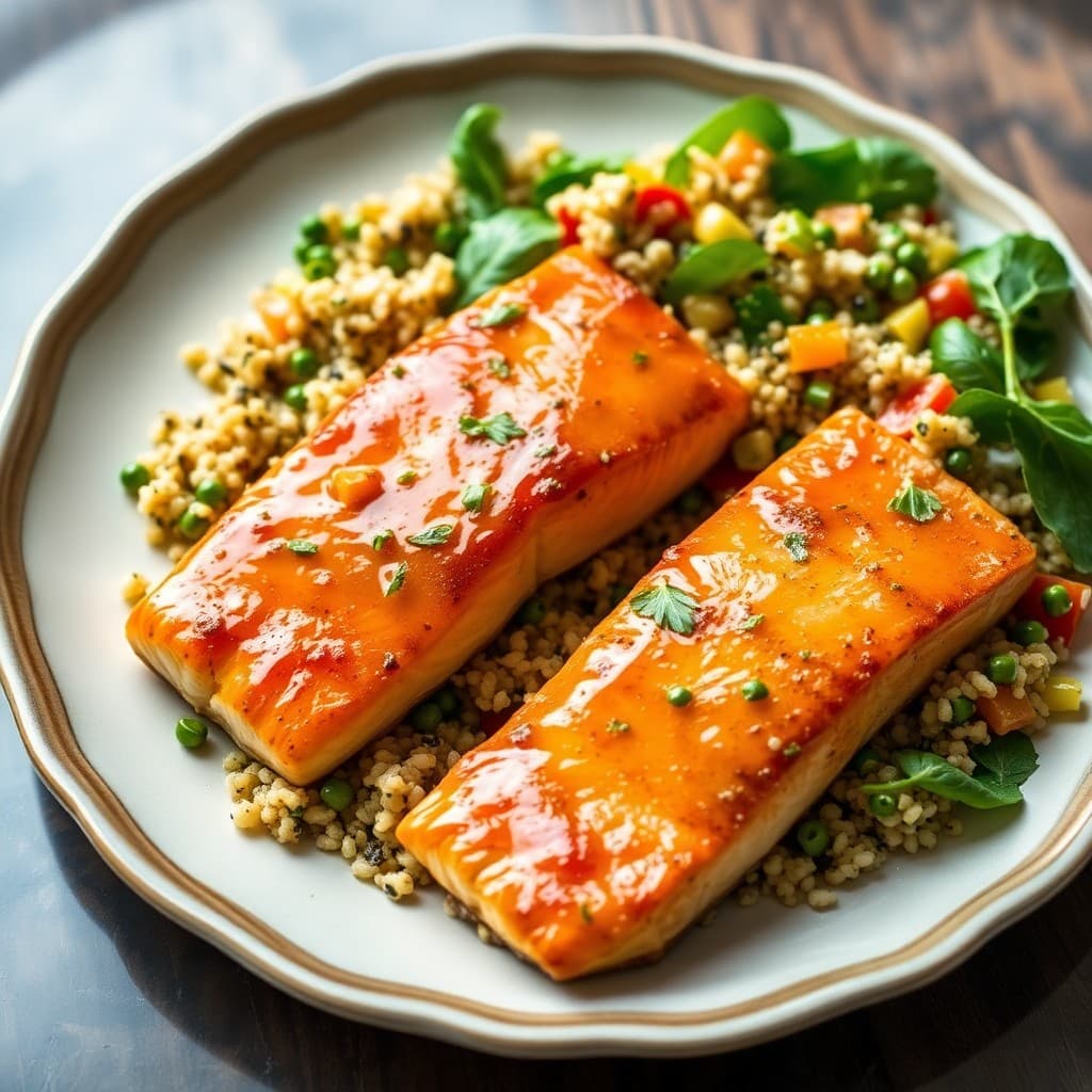Honey Garlic Glazed Salmon with Quinoa Veggie Salad