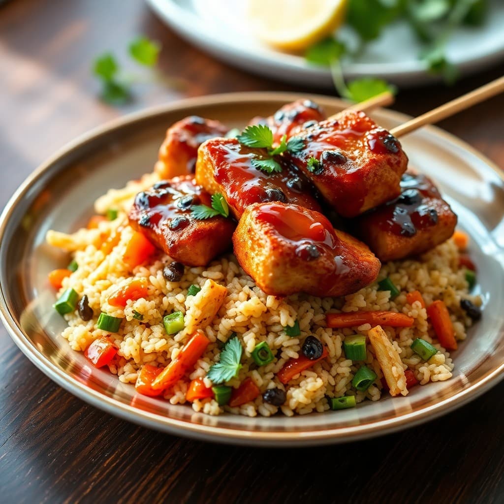Teriyaki Chicken Skewers with Roasted Veggie Fried Rice
