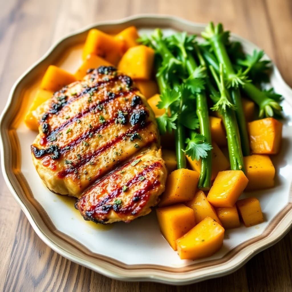 Grilled Lemon-Herb Chicken Thighs with Roasted Butternut Squash
