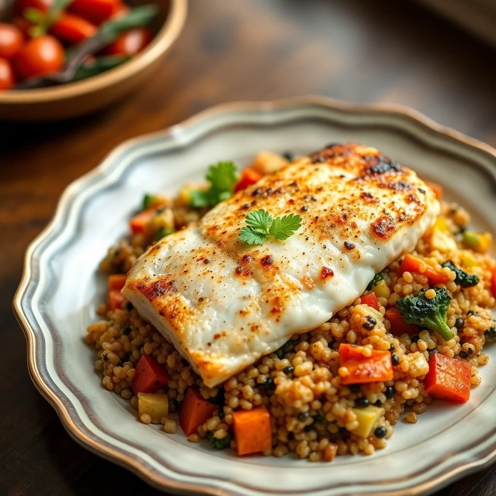 Seared Chili-Lime Tilapia with Roasted Veggie Quinoa