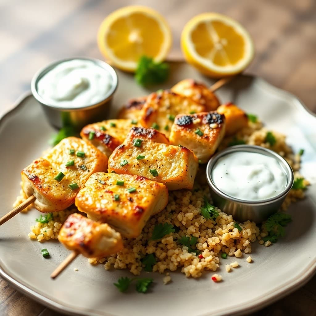 Greek Lemon Chicken Skewers with Tzatziki Quinoa