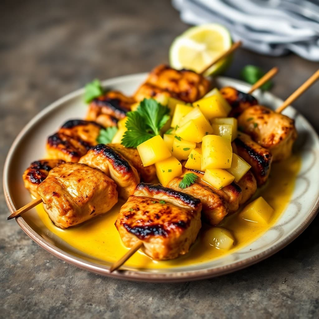 Thai Coconut Curry Chicken Skewers with Pineapple Salsa