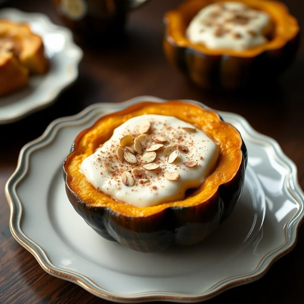 Baked Cinnamon Acorn Squash with Almond Cream