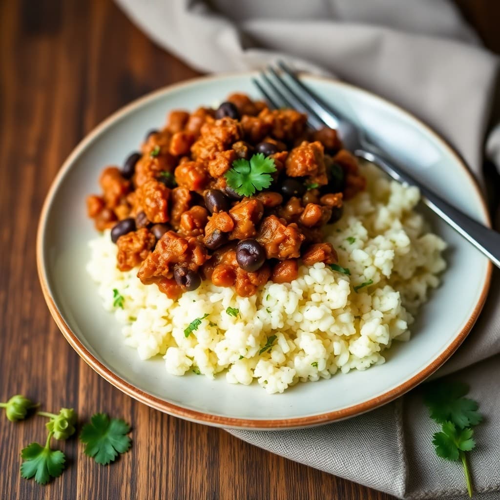 Cuban-Style Black Bean & Seitan Picadillo with Cilantro-Lime Cauliflower Rice
