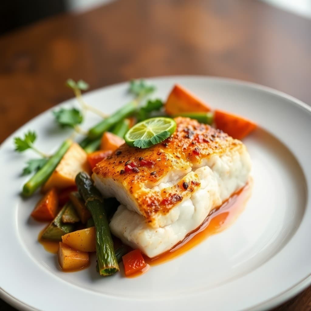 Seared Chili-Lime Cod with Roasted Veggie Medley