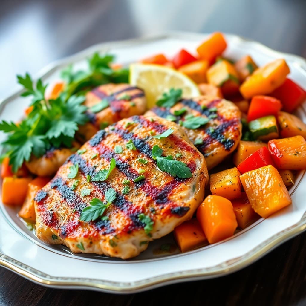 Grilled Cilantro-Lime Chicken with Roasted Sweet Potato Medley