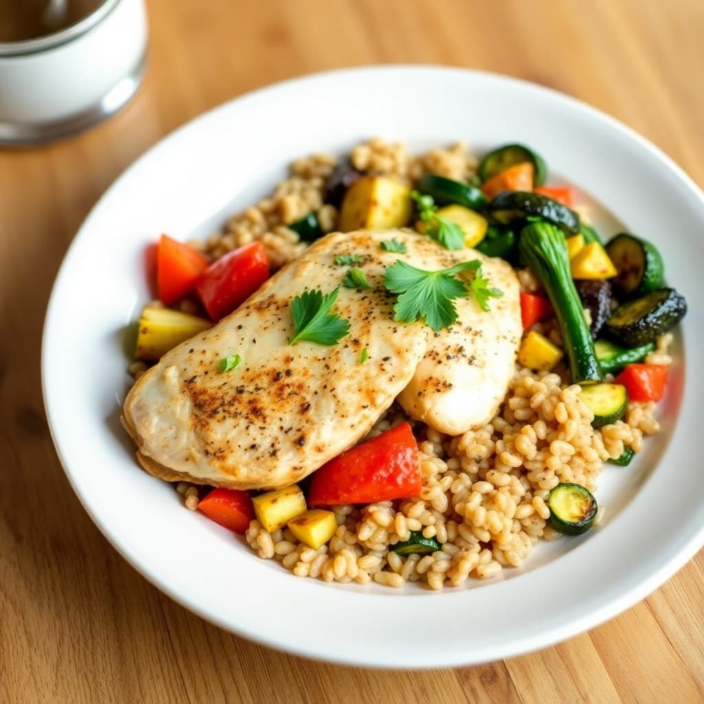 Sautéed Chicken Primavera with Roasted Zucchini and Barley