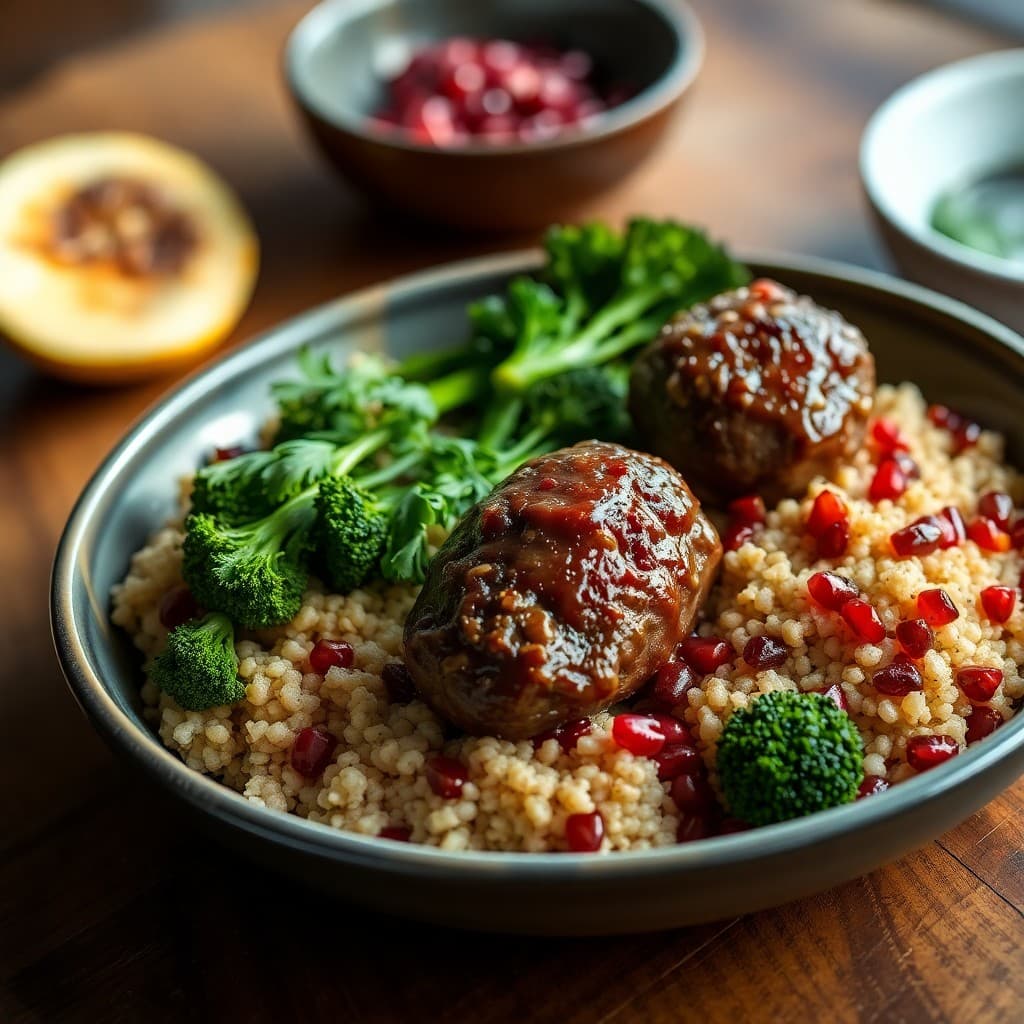 Lebanese Braised Lamb Kibbeh with Bulgur-Pomegranate Pilaf & Charred Broccolini
