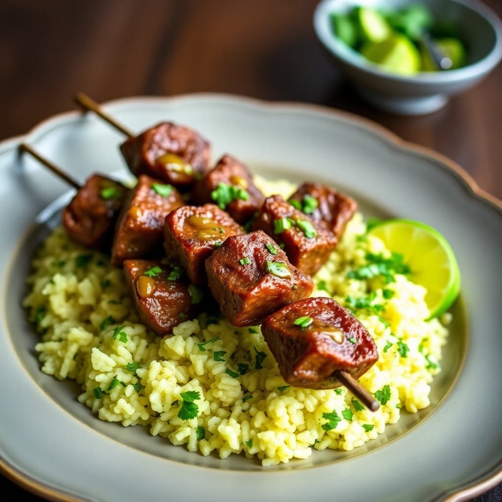 Zesty Brazilian Beef Skewers with Chimichurri Rice