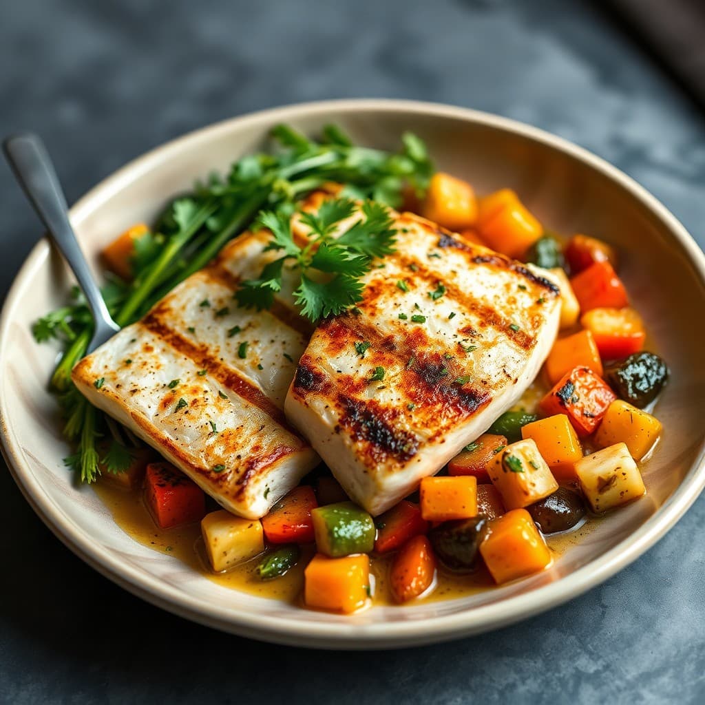 Mediterranean Grilled Halibut with Roasted Vegetable Medley