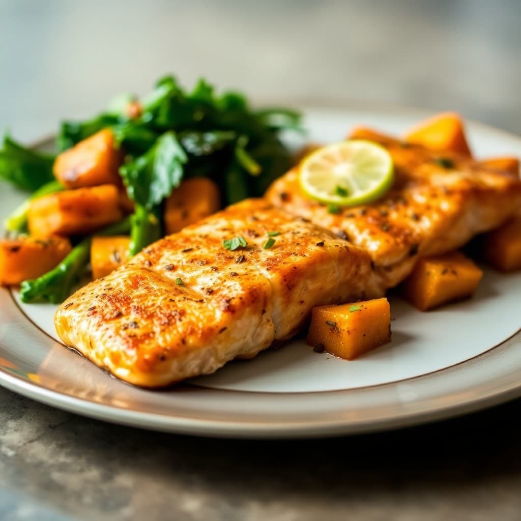 Seared Chili-Lime Salmon with Roasted Sweet Potato Cubes and Sautéed Greens