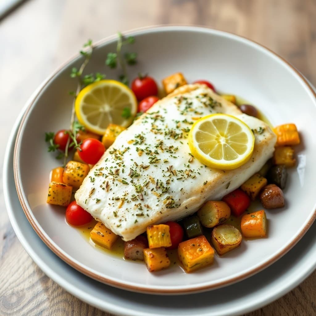 Lemon-Herb Baked Halibut with Roasted Mediterranean Vegetables