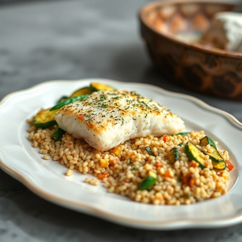 Mediterranean Baked Cod with Roasted Garlic Zucchini and Farro