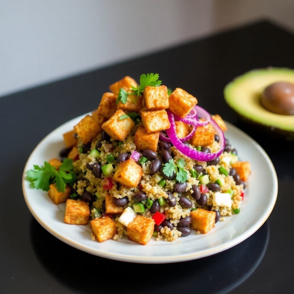 Peruvian Black Bean & Quinoa Ceviche-Inspired Salad with Crispy Tofu Croutons