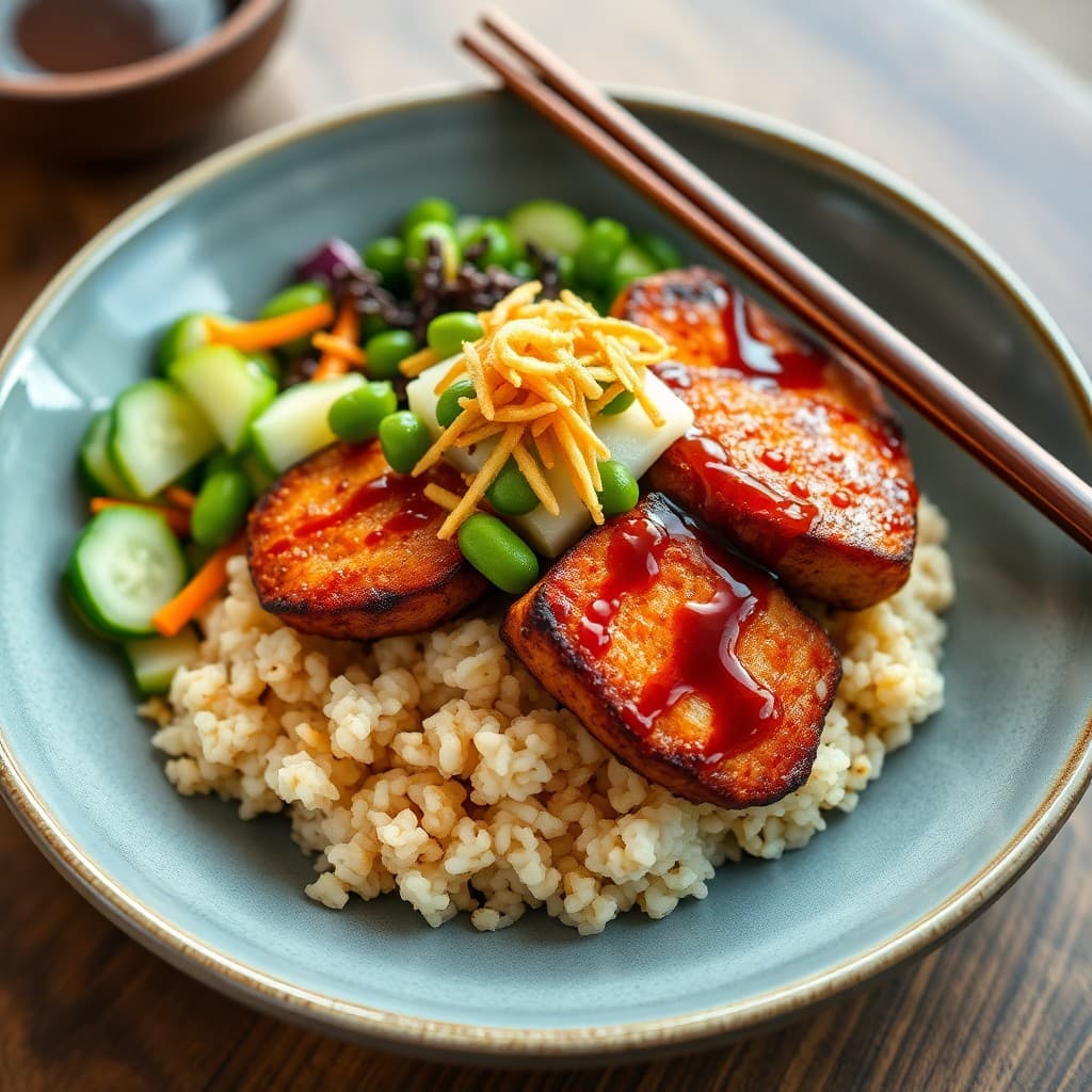 Japanese Miso-Glazed Edamame & Seitan Donburi with Crispy Shallots