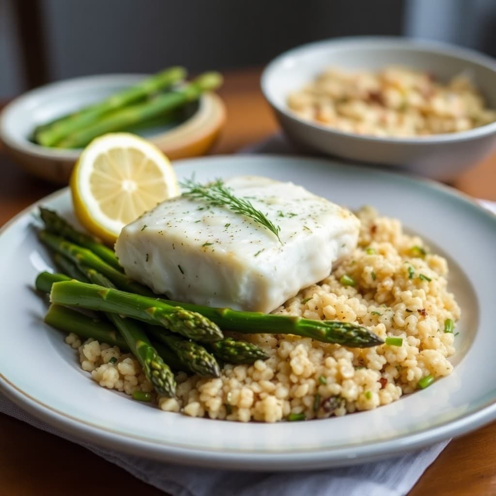 Baked Lemon Dill Cod with Roasted Asparagus and Quinoa