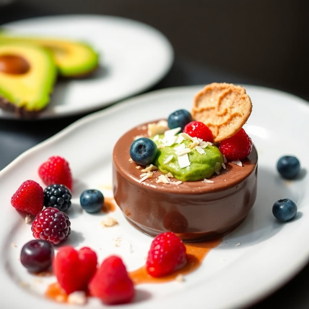 Brazilian Chocolate Avocado Mousse with Crispy Coconut Tuile & Fresh Berries