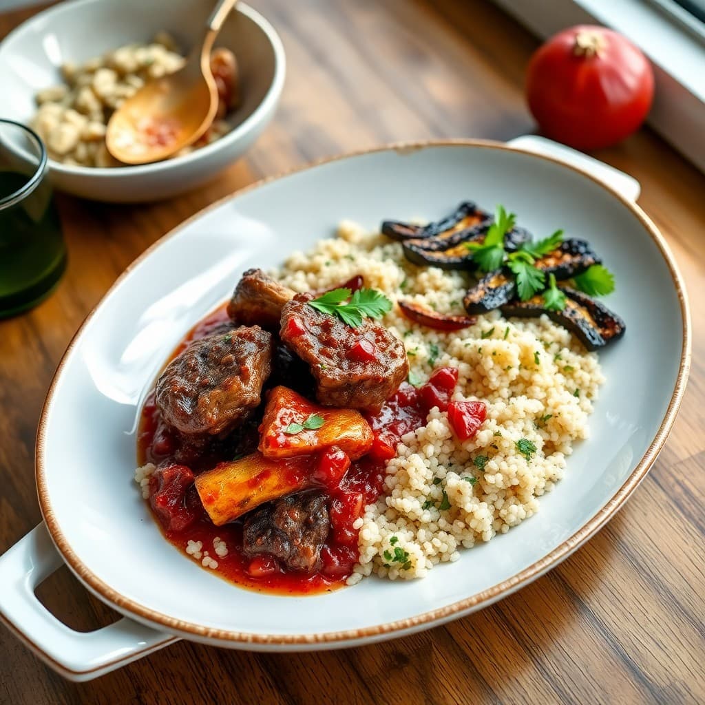 Turkish Pomegranate-Braised Lamb with Charred Eggplant & Herbed Bulgur Pilaf